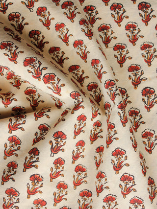 Beige Mustard Red Hand Block Printed Cotton Fabric Per Meter - F001F1393