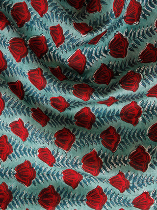 Green Red Hand Block Printed Chanderi Fabric Per Meter - F001F1925