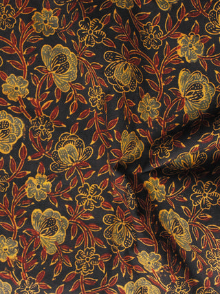 Black Maroon Yellow Ajrakh Hand Block Printed Cotton Blouse Fabric - BPA085