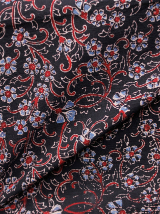 Black Red Blue Ivory Ajrakh Hand Block Printed Cotton Fabric Per Meter - F003F1637