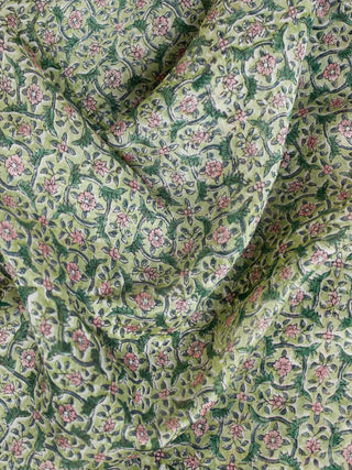 Green pink Hand Block Printed Chanderi Fabric Per Meter - F001F1923