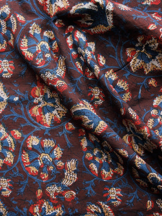 Brown Indigo Mustard Red Hand Block Printed Cotton Fabric Per Meter - F001F1394