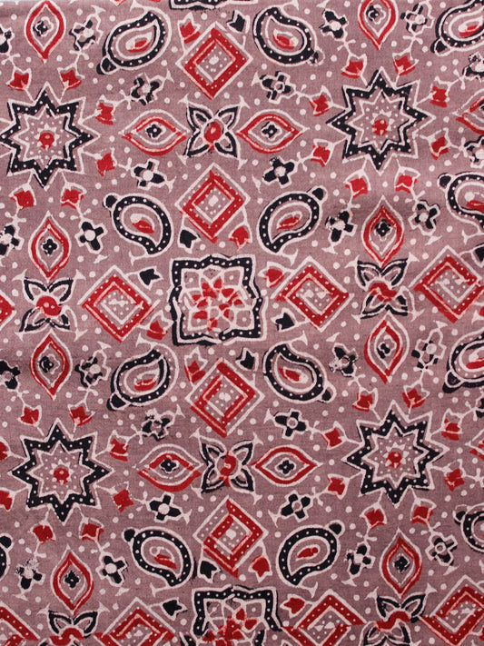 Light Brown Red Black Ivory Ajrakh Hand Block Printed Cotton Fabric Per Meter - F003F1642