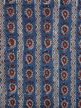 Indigo Ivory Red Ajrakh Hand Block Printed Cotton Fabric Per Meter - F003F2120