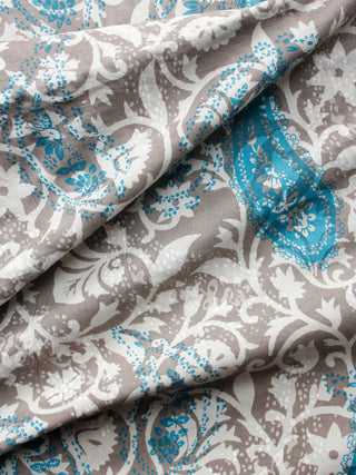 Brown Ivory Turquoise  Hand Block Printed Cotton Fabric Per Meter - F001F1397