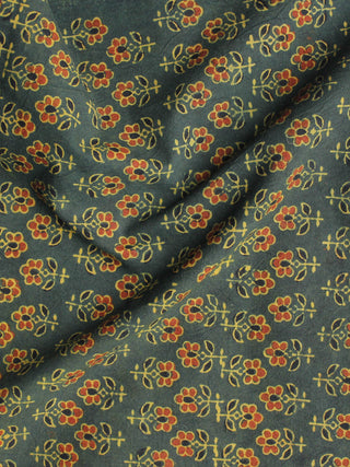 Green Yellow Rust Black Ajrakh Hand Block Printed Cotton Blouse Fabric - BPA091