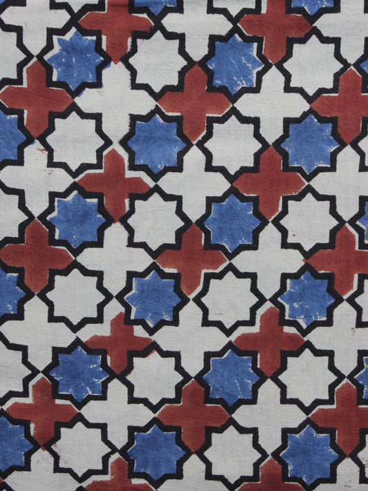 Beige Red Blue Ajrakh Printed Cotton Fabric Per Meter - F003F1163