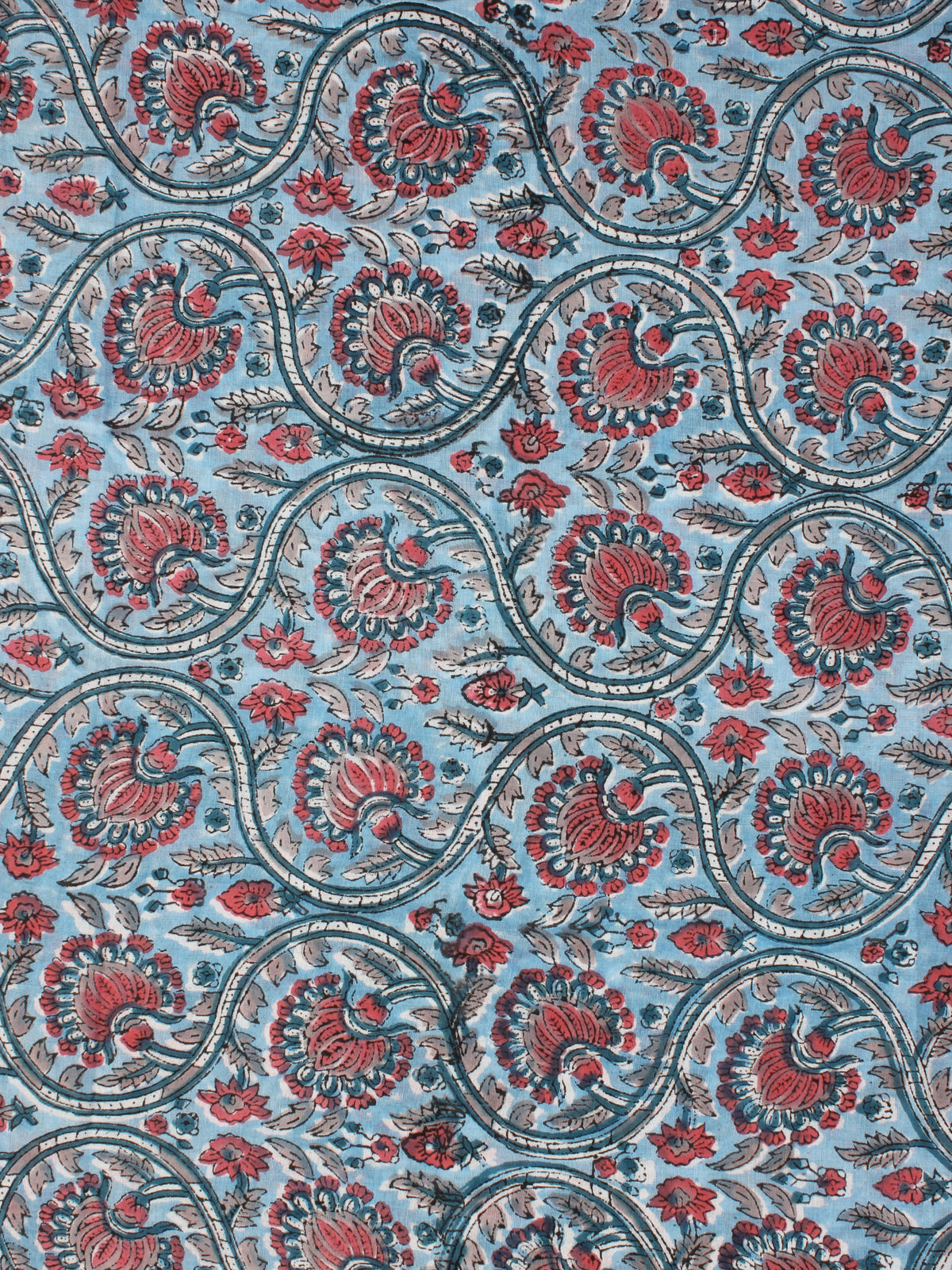 Carolina Blue Mahroon White Hand Block Printed Cotton Fabric Per Meter - F001F2343