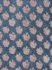 Teal Blue Maroon Ivory Kantha Embroidered Hand Block Printed Cotton Fabric - F001F560