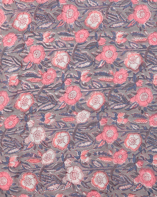 Grey Coral White Steel Blue Block Printed Cotton Fabric Per Meter - F001F2407