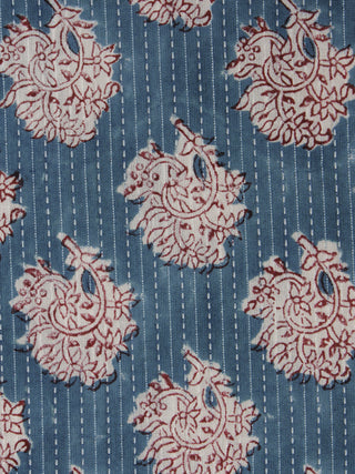 Teal Blue Maroon Ivory Kantha Embroidered Hand Block Printed Cotton Fabric - F001F560