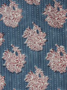 Teal Blue Maroon Ivory Kantha Embroidered Hand Block Printed Cotton Fabric - F001F560