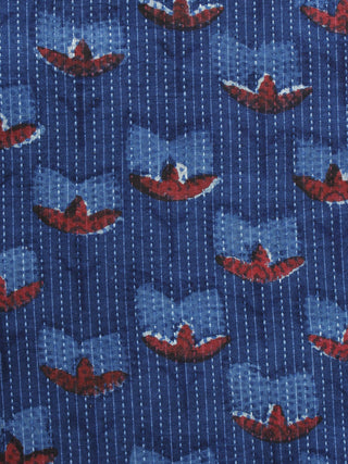 Indigo Rust Kantha Embroidered Hand Block Printed Cotton Fabric - F004K1124