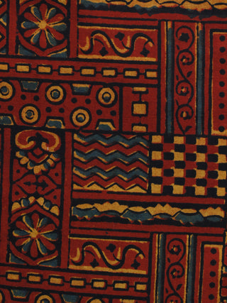 Maroon Black Green Yellow Ajrakh Hand Block Printed Cotton Blouse Fabric - BPA007