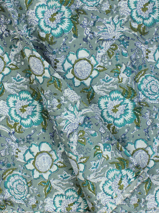 Sage Green White Block Printed Cotton Fabric Per Meter - F001F2246