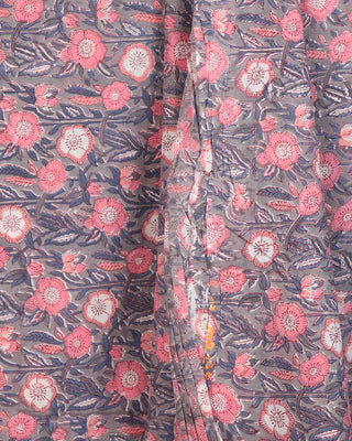 Grey Coral White Steel Blue Block Printed Cotton Fabric Per Meter - F001F2407