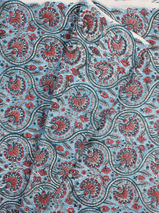 Carolina Blue Mahroon White Hand Block Printed Cotton Fabric Per Meter - F001F2343