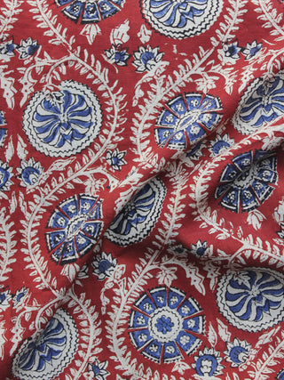 Red Ivory Indigo Hand Block Printed Cotton Fabric Per Meter - F001F1151