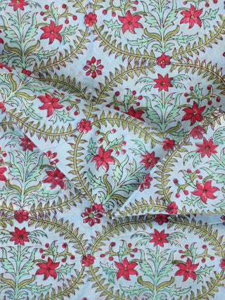 Sky Blue Magenta Hand Block Printed Cotton Fabric Per Meter - F001F2165