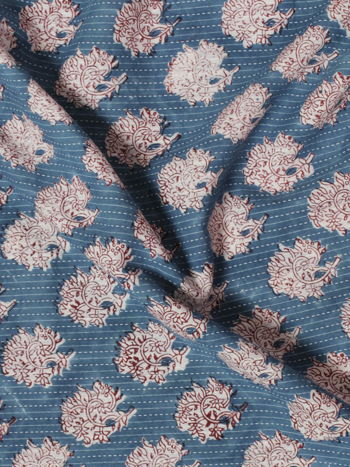 Teal Blue Maroon Ivory Kantha Embroidered Hand Block Printed Cotton Fabric - F001F560
