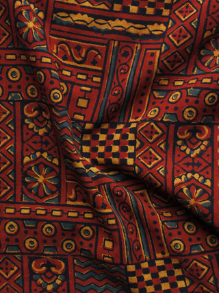 Maroon Black Green Yellow Ajrakh Hand Block Printed Cotton Blouse Fabric - BPA007