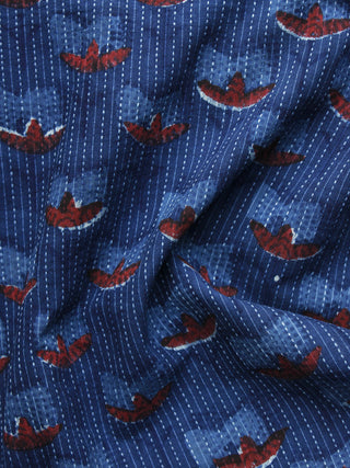 Indigo Rust Kantha Embroidered Hand Block Printed Cotton Fabric - F004K1124