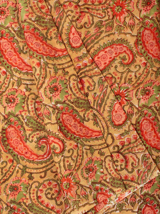 Mustard Red Green Hand Block Printed Cotton Fabric Per Meter - F001F2272