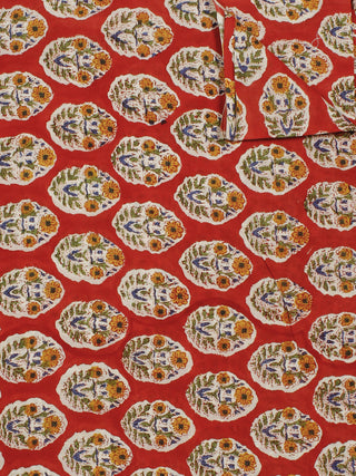 Red Yellow Green Ivory Hand Block Printed Cotton Fabric Per Meter - F001F774