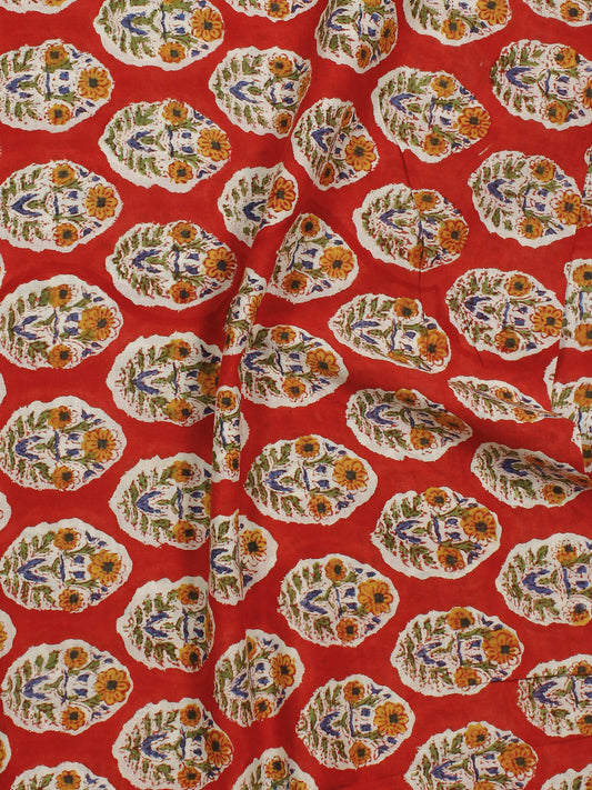 Red Yellow Green Ivory Hand Block Printed Cotton Fabric Per Meter - F001F774