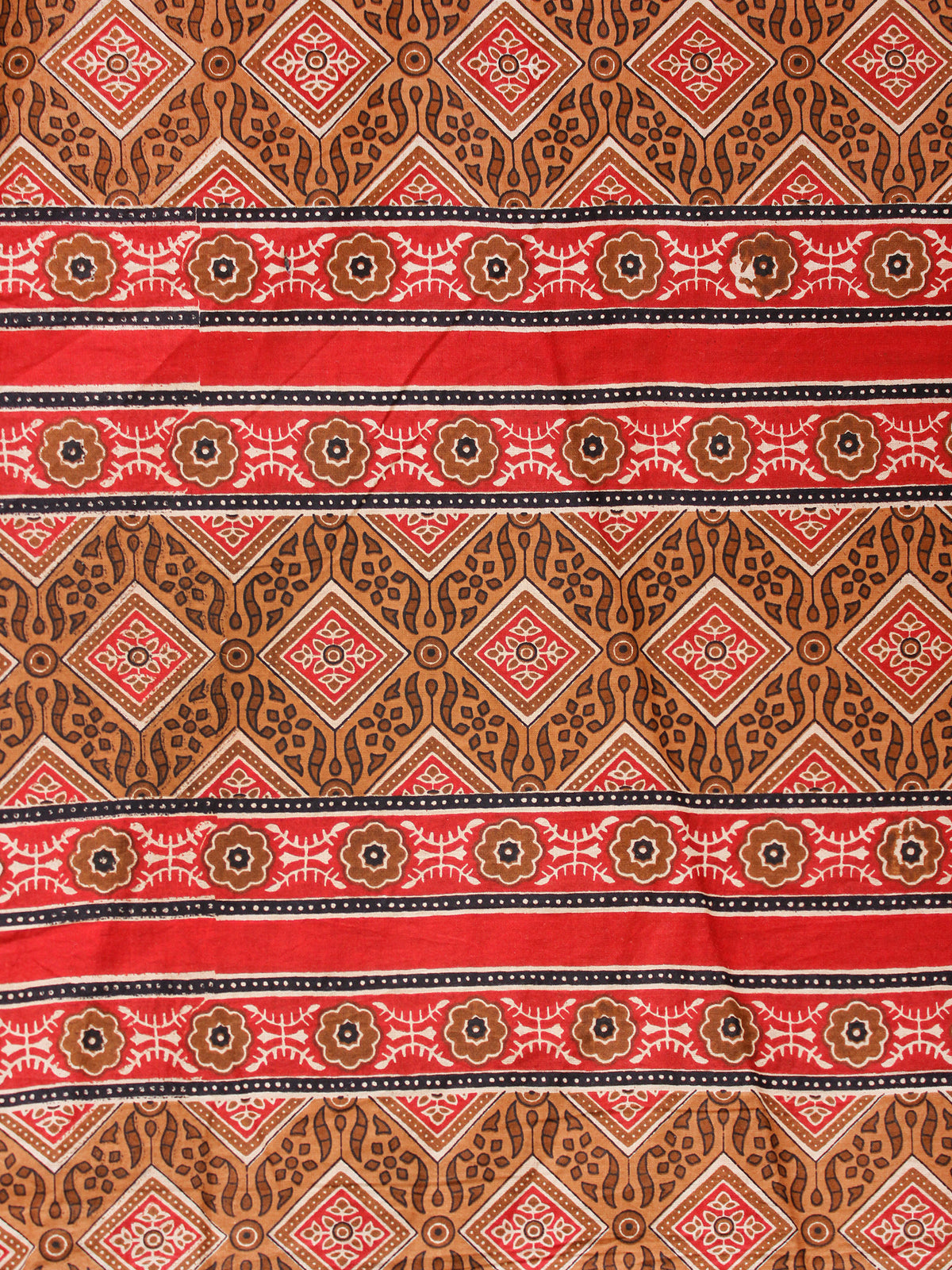Brown Red Black Hand Block Printed Cotton Fabric Per Meter - F001F1874
