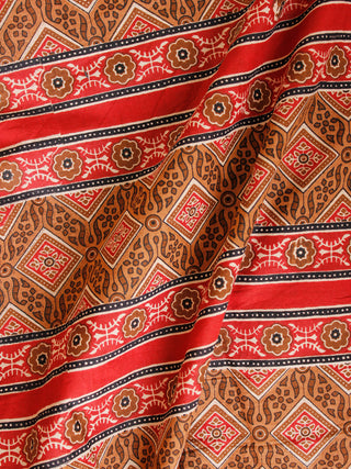 Brown Red Black Hand Block Printed Cotton Fabric Per Meter - F001F1874