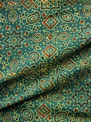 Green Black Rust Yellow Ajrakh Hand Block Printed Cotton Fabric Per Meter - F003F1647