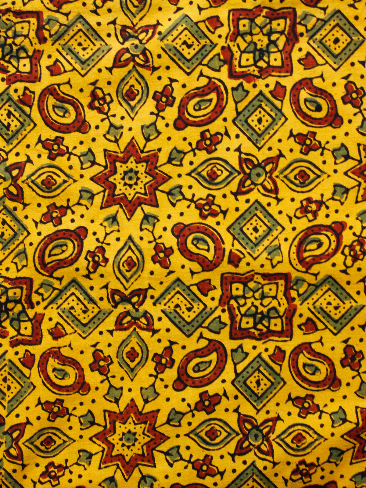 Yellow Maroon Green Black Ajrakh Hand Block Printed Cotton Fabric Per Meter - F003F1648