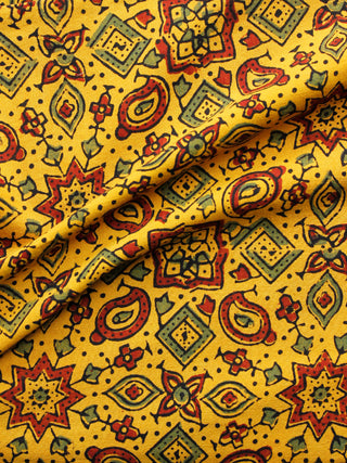 Yellow Maroon Green Black Ajrakh Hand Block Printed Cotton Fabric Per Meter - F003F1648