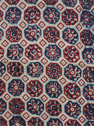 Ivory Indigo Red Ajrakh Hand Block Printed Cotton Fabric Per Meter - F003F2125