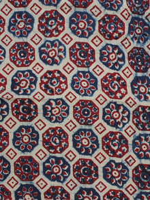 Ivory Indigo Red Ajrakh Hand Block Printed Cotton Fabric Per Meter - F003F2125