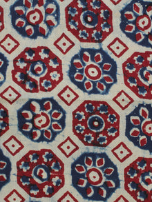 Ivory Indigo Red Ajrakh Hand Block Printed Cotton Fabric Per Meter - F003F2125