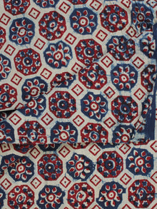 Ivory Indigo Red Ajrakh Hand Block Printed Cotton Fabric Per Meter - F003F2125