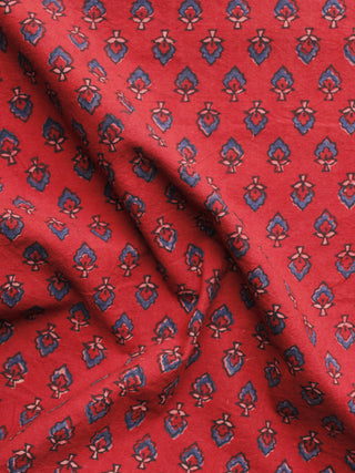 Red Blue Beige Ajrakh Hand Block Printed Cotton Blouse Fabric - BPA097