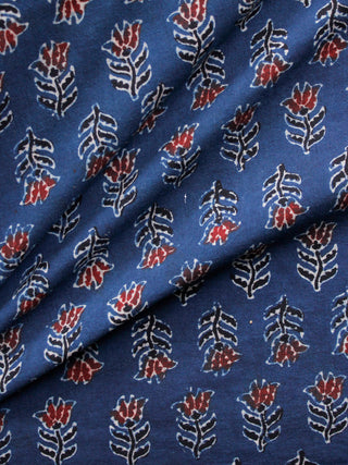 Indigo Black Red Ivory Ajrakh Hand Block Printed Cotton Fabric Per Meter - F003F1651