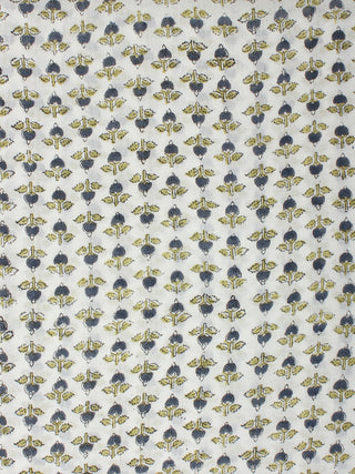 White Steel Grey Green Hand Block Printed Cotton Fabric Per Meter - F001F2271