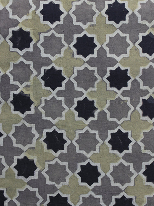 Grey Green Black Ajrakh Printed Cotton Fabric Per Meter - F003F1164