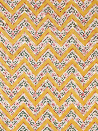 Yellow Green Pink Hand Block Printed Cotton Fabric Per Meter - F001F2301