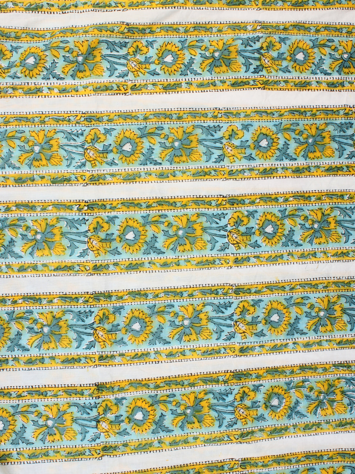 Sky Blue Yellow Hand Block Printed Cotton Fabric Per Meter - F001F2350