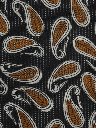 Black Brown Ivory Kantha Embroidered Hand Block Printed Cotton Fabric - F004K1125