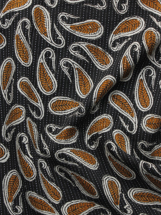 Black Brown Ivory Kantha Embroidered Hand Block Printed Cotton Fabric - F004K1125