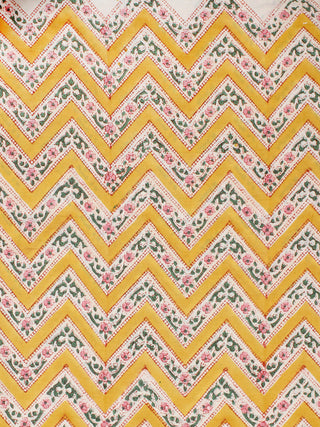 Yellow Green Pink Hand Block Printed Cotton Fabric Per Meter - F001F2301