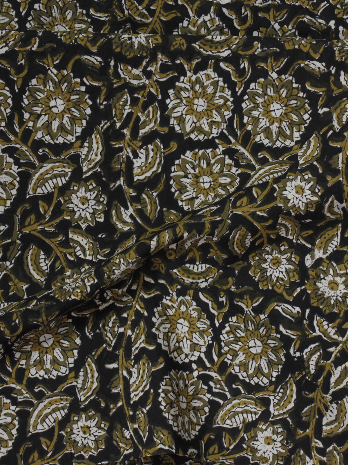 Black Ivory Olive Green Hand Block Printed Cotton Fabric Per Meter - F001F580