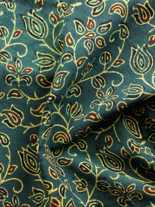 Green Rust Yellow Black Ajrakh Hand Block Printed Cotton Fabric Per Meter - F003F1656