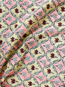 Pink Yellow Maroon Hand Block Printed Cotton Fabric Per Meter - F001F1906